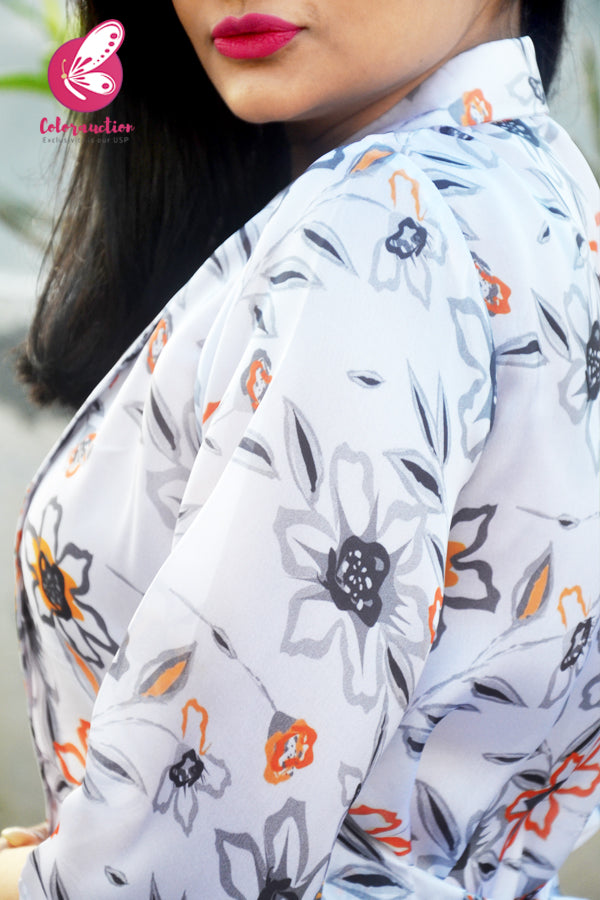 Off White Printed Floral Satin Georgette Short Shrug