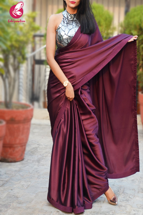 Wine Satin Dupion Silk Taping Saree
