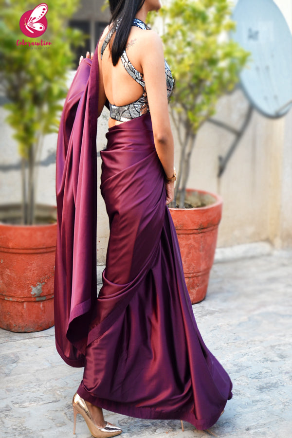 Wine Satin Dupion Silk Taping Saree