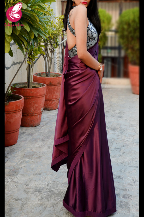Wine Satin Dupion Silk Taping Saree