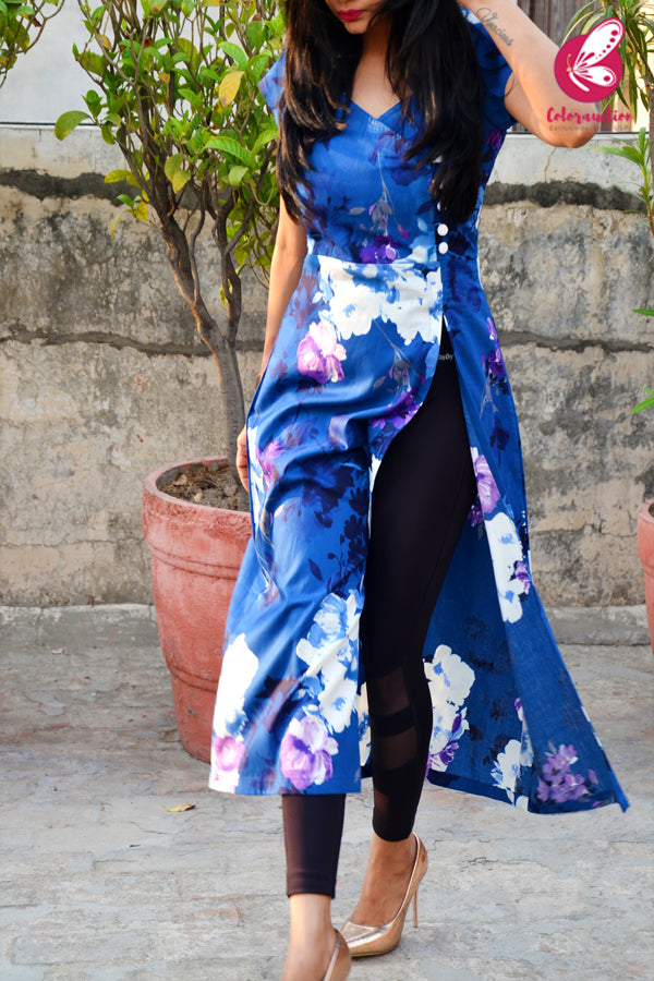 Blue & White Printed Cotton Silk Sleeves Kurti