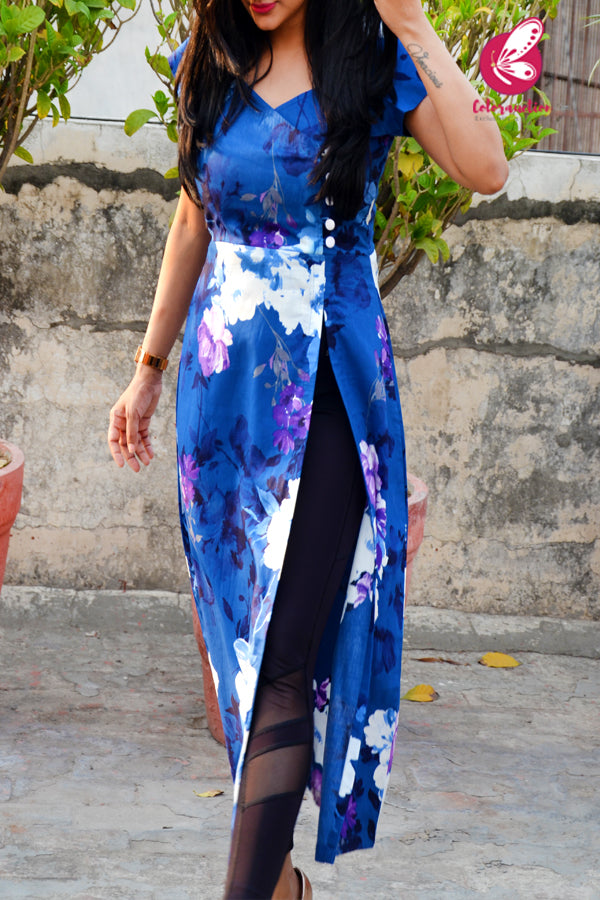 Blue &amp; White Printed Cotton Silk Sleeves Kurti
