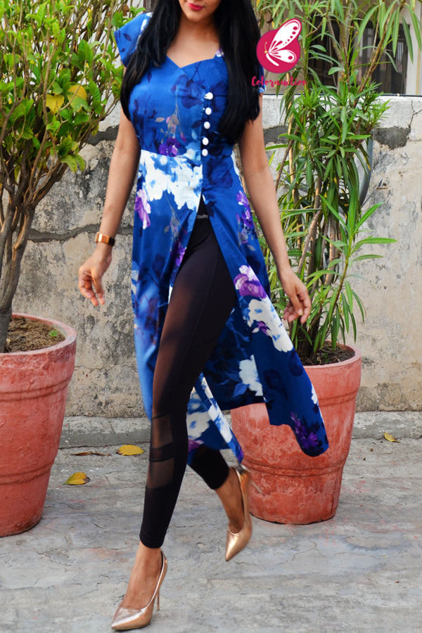 Blue &amp; White Printed Cotton Silk Sleeves Kurti