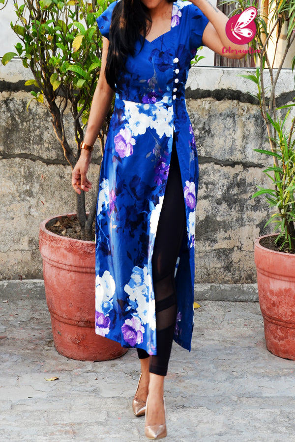Blue &amp; White Printed Cotton Silk Sleeves Kurti