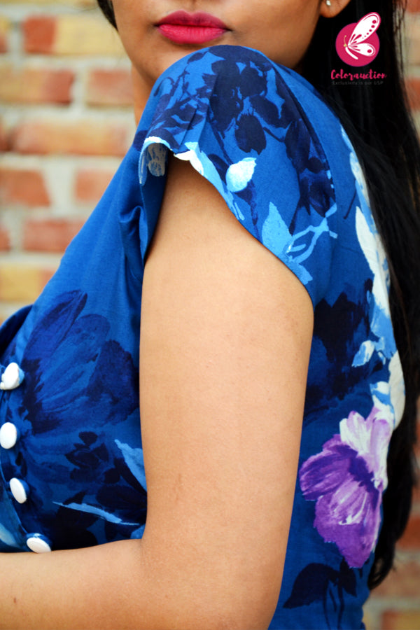 Blue &amp; White Printed Cotton Silk Sleeves Kurti