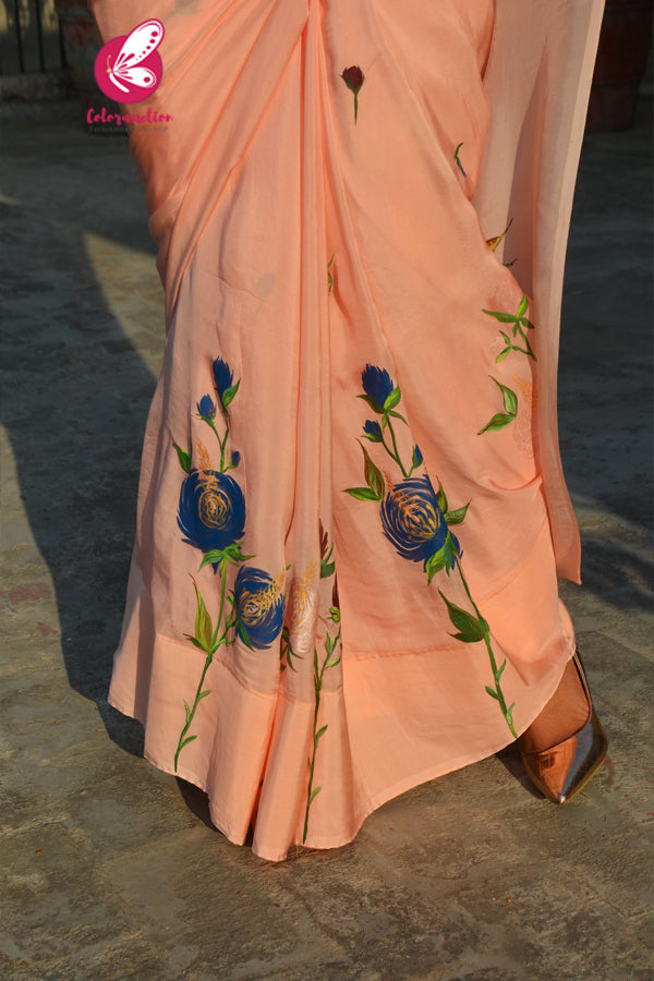 Peach Crepe Chiffon Handpainted Floral Saree