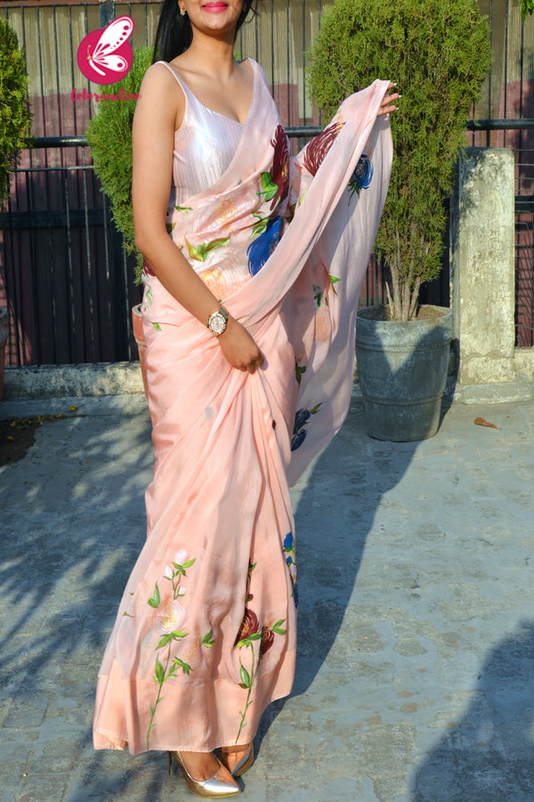 Peach Crepe Chiffon Handpainted Floral Saree