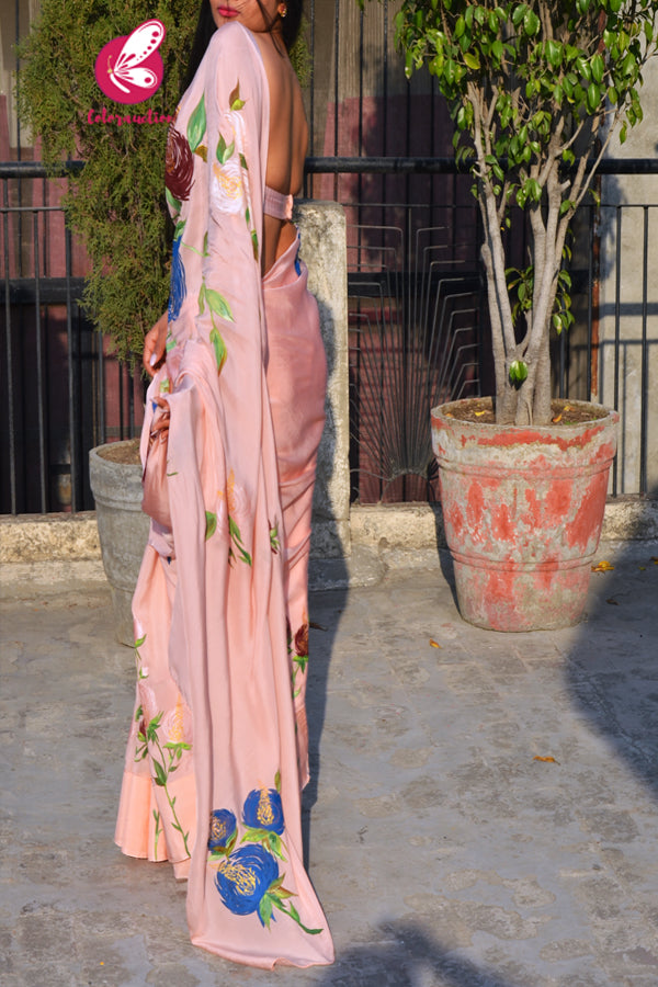 Peach Crepe Chiffon Handpainted Floral Saree