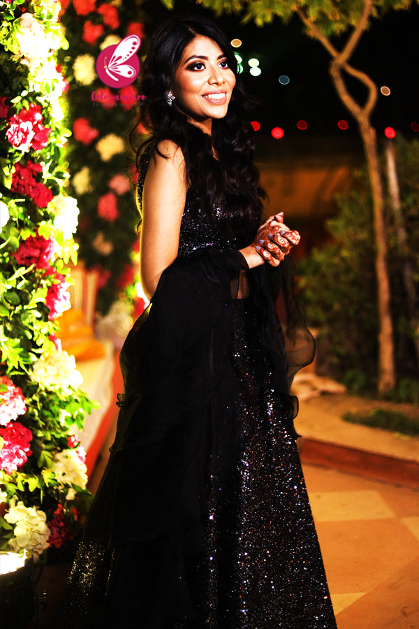 Black Sequins Net Lehenga with Black Organza Three-Tier Ruffle Dupatta