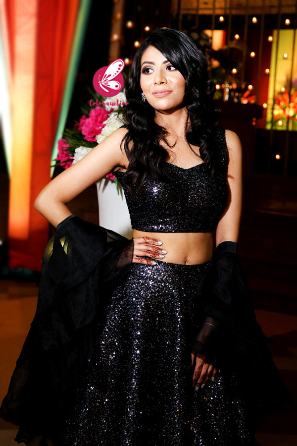 Black Sequins Net Lehenga with Black Organza Three-Tier Ruffle Dupatta