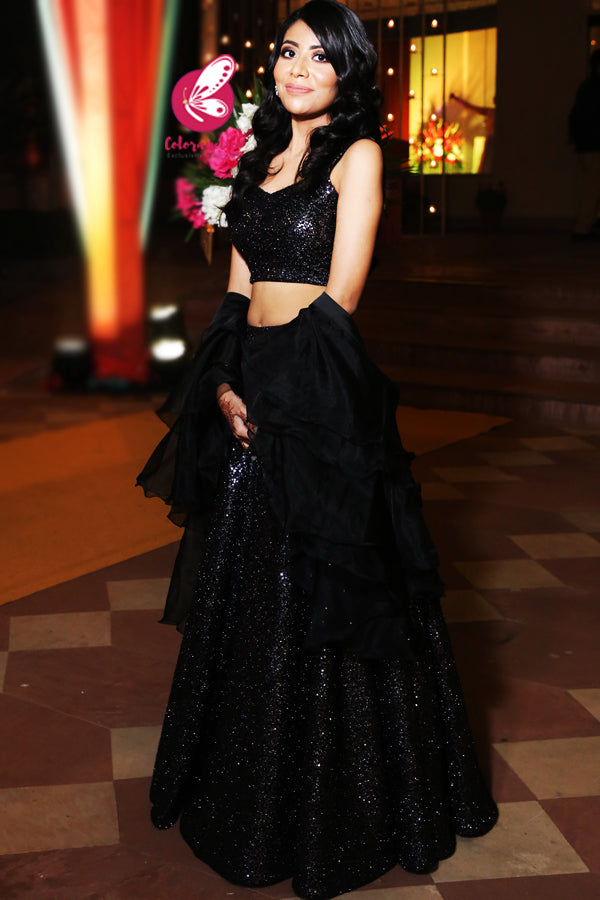 Black Sequins Net Lehenga with Black Organza Three-Tier Ruffle Dupatta
