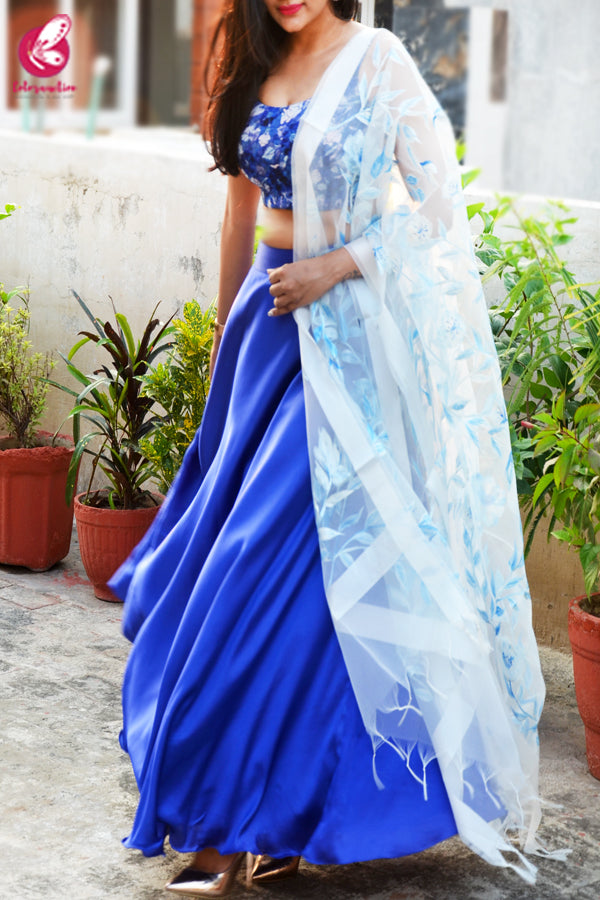 Blue & White Satin Lehenga With White Hand Painted Organza Stole