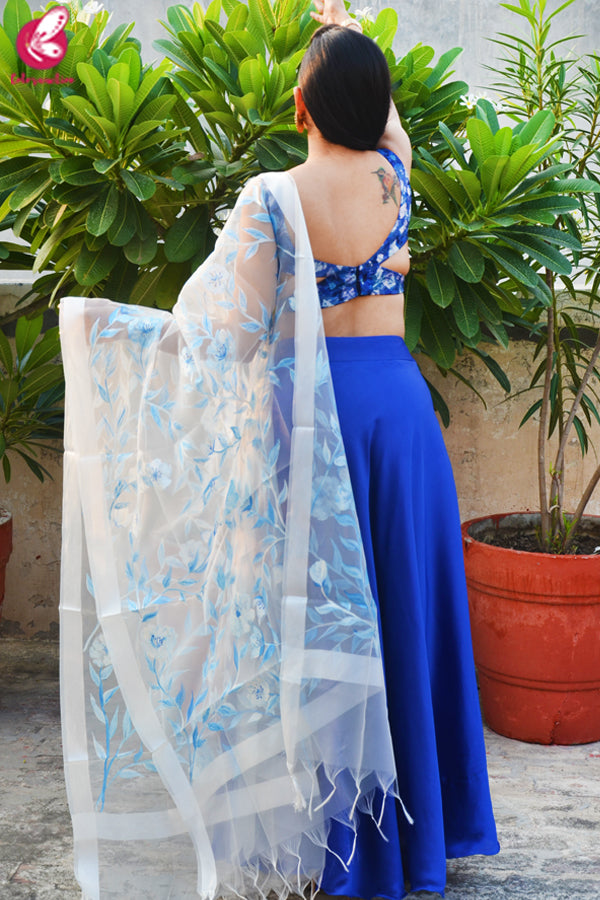 Blue &amp; White Satin Lehenga With White Hand Painted Organza Stole