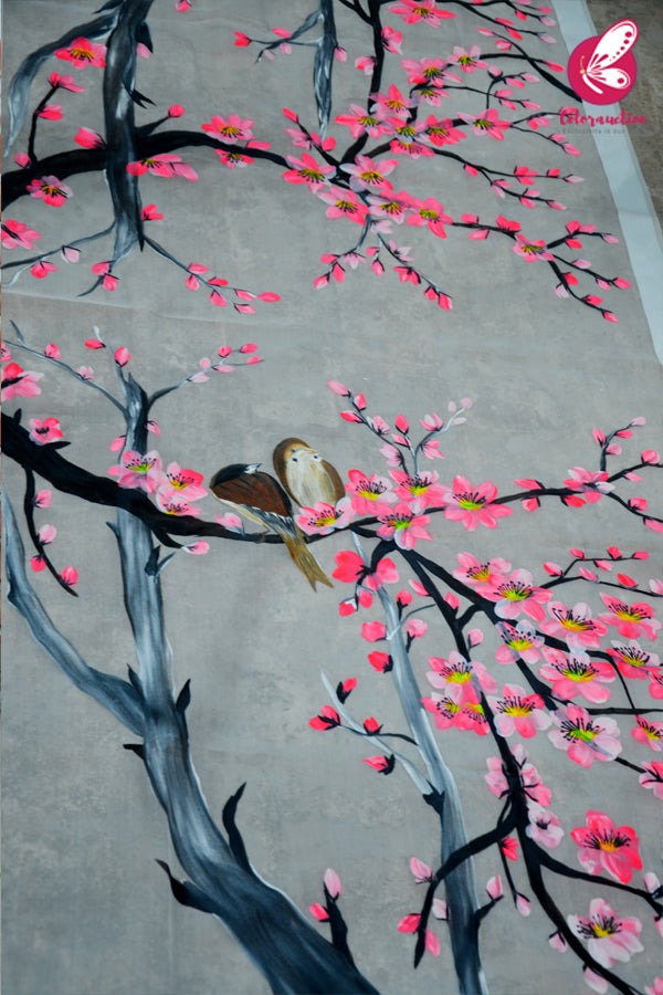 Off White Neon Pink Floral Pure Organza Stole