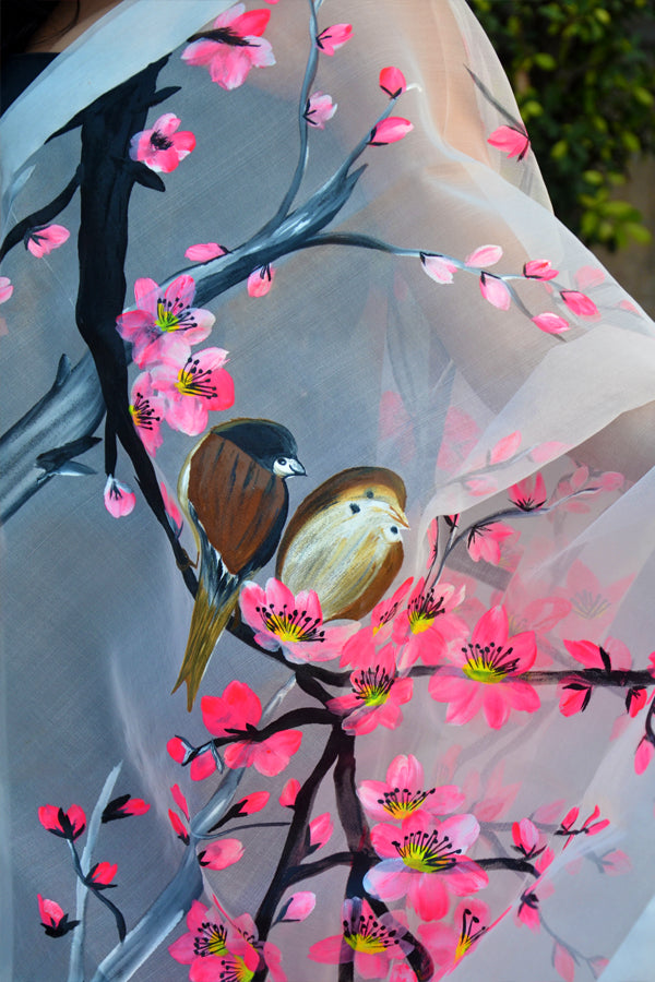 Off White Neon Pink Floral Pure Organza Stole