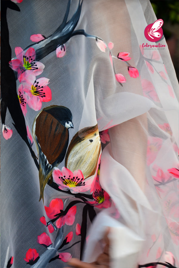 Off White Neon Pink Floral Pure Organza Stole