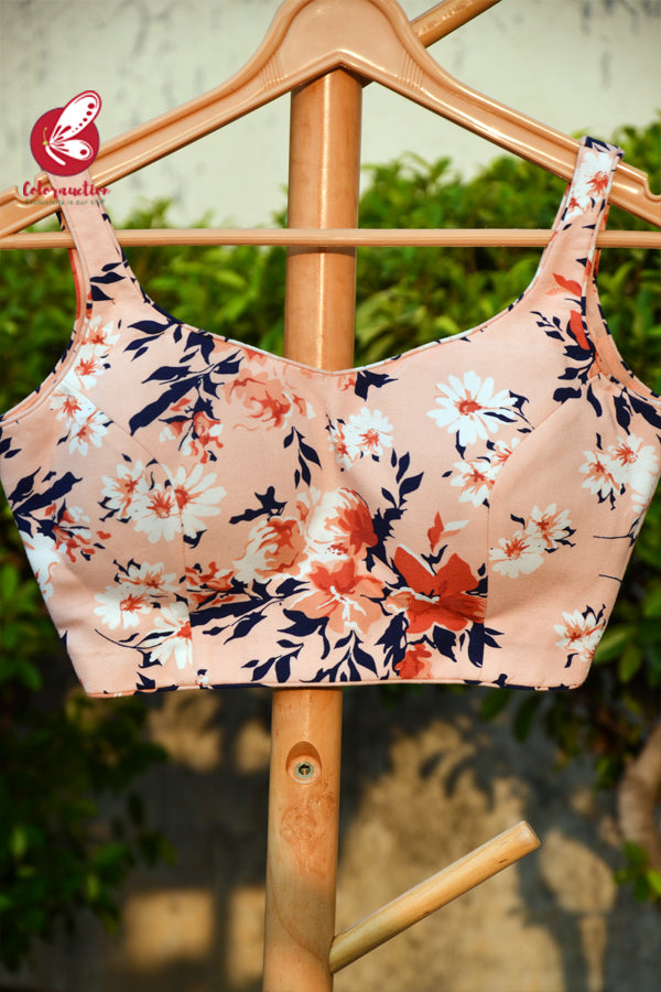 Peach Printed Rayon Backless Padded Blouse