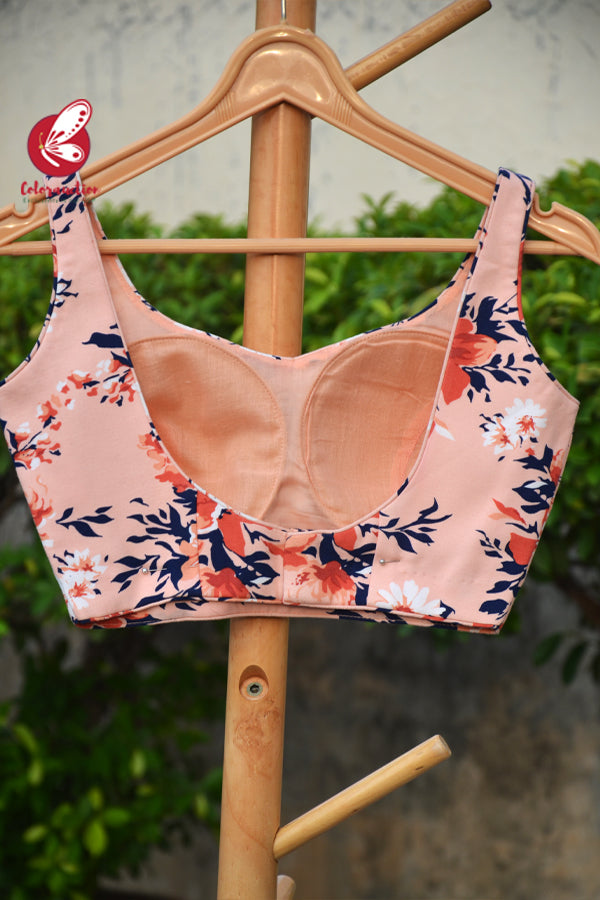 Peach Printed Rayon Backless Padded Blouse