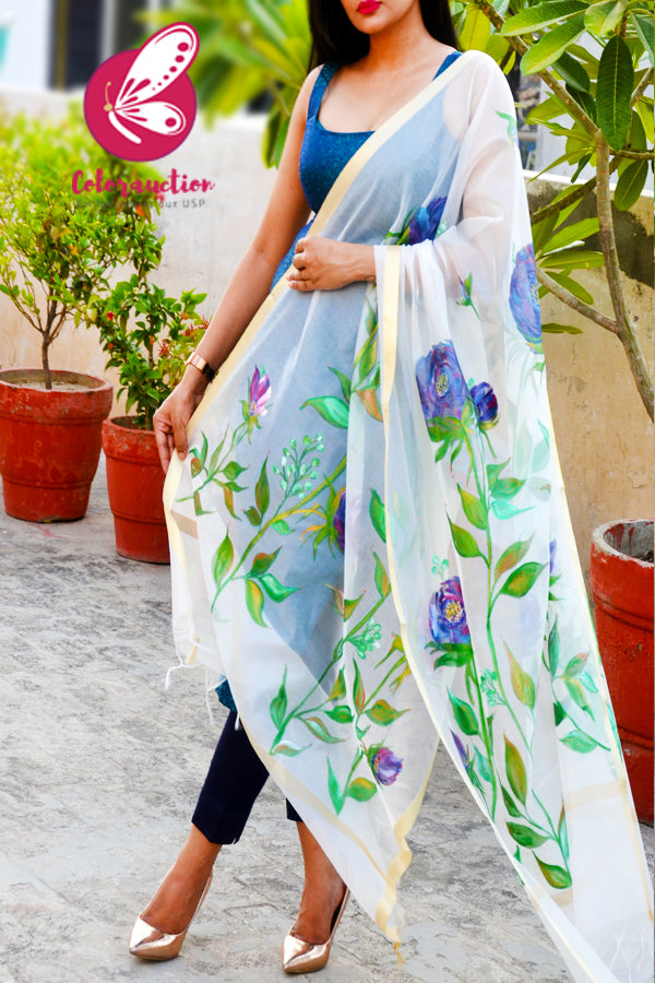 Off White Pure Chanderi Handpainted Vibrant Floral Stole