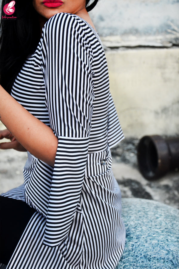 Black and White Stripes Crepe Front Slit Kurti
