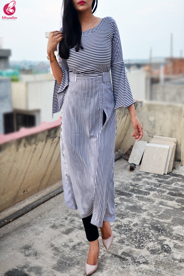 Black and White Stripes Crepe Front Slit Kurti