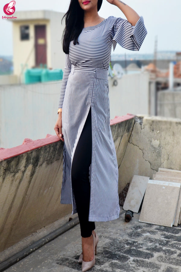 Black and White Stripes Crepe Front Slit Kurti