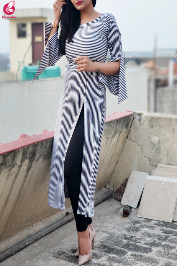 Black and White Stripes Crepe Front Slit Kurti