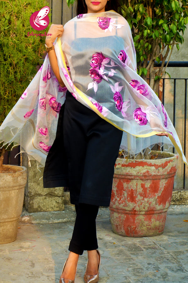 Off White Pure Organza Purple Roses Floral Stole