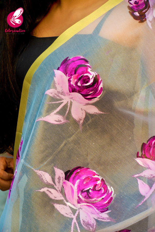 Off White Pure Organza Purple Roses Floral Stole