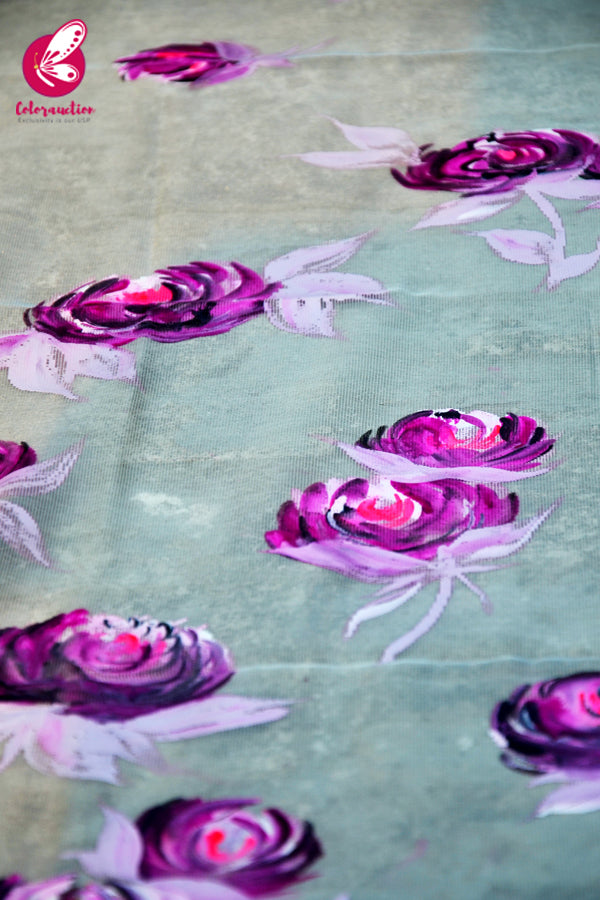 Off White Pure Organza Purple Roses Floral Stole