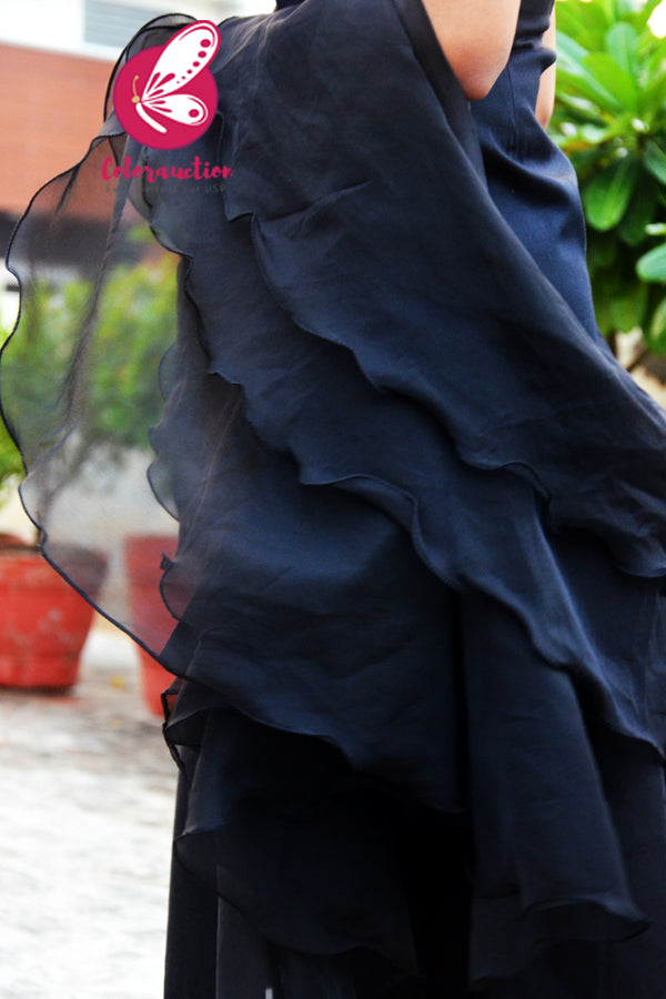 Black Pure Organza Three-Tier Ruffle Stole
