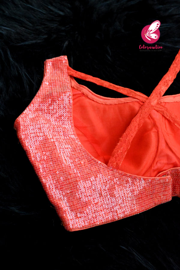 Orange Sleeveless Sequins Criss-Cross Back Padded Blouse