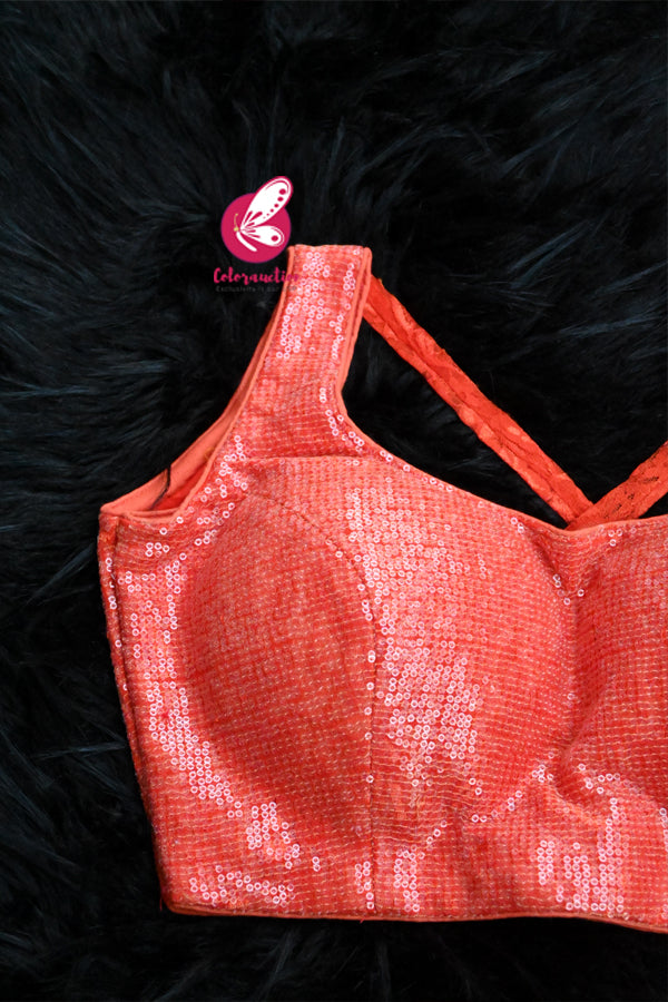 Orange Sleeveless Sequins Criss-Cross Back Padded Blouse