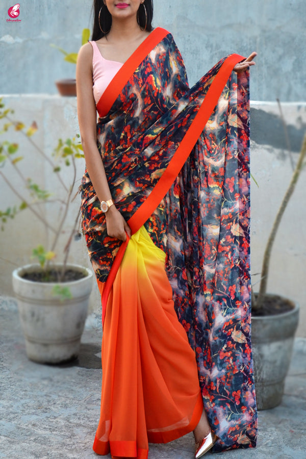 Orange &amp; Yellow Double Shaded Georgette Saree