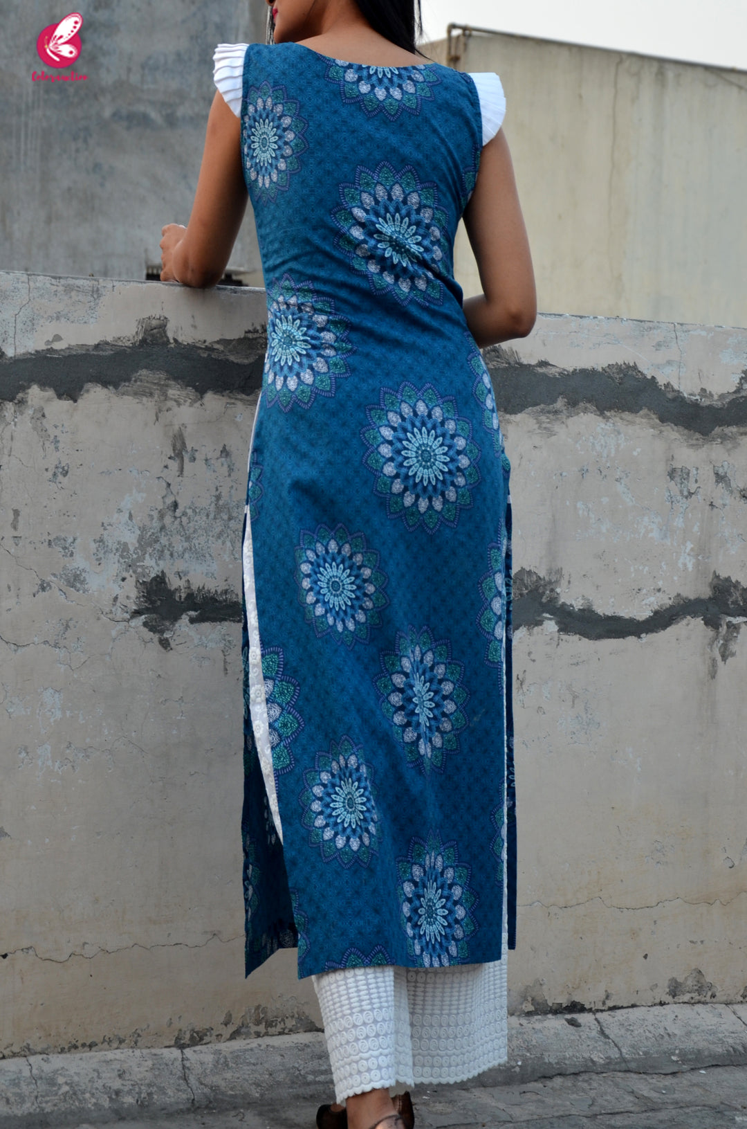 Blue Cotton Printed Straight Kurti
