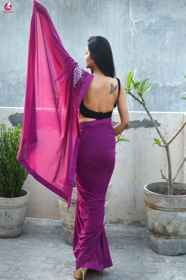 Grape Purple Hand painted Lycra Net Saree
