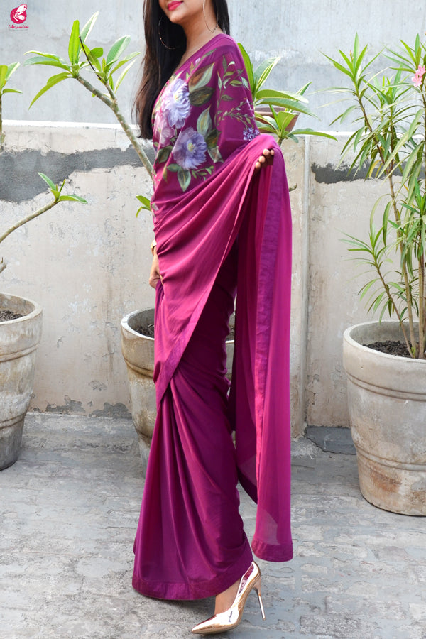 Grape Purple Hand painted Lycra Net Saree