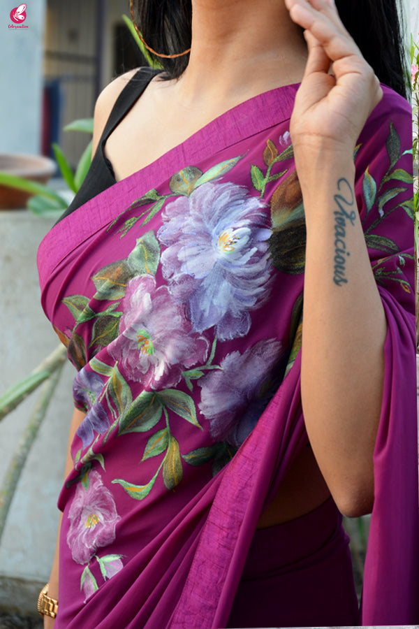 Grape Purple Hand painted Lycra Net Saree