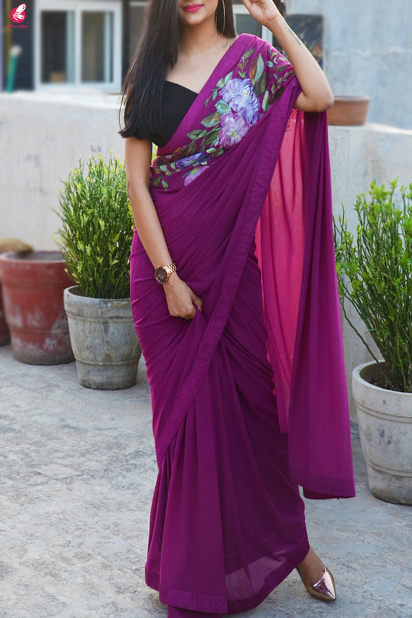 Grape Purple Hand painted Lycra Net Saree
