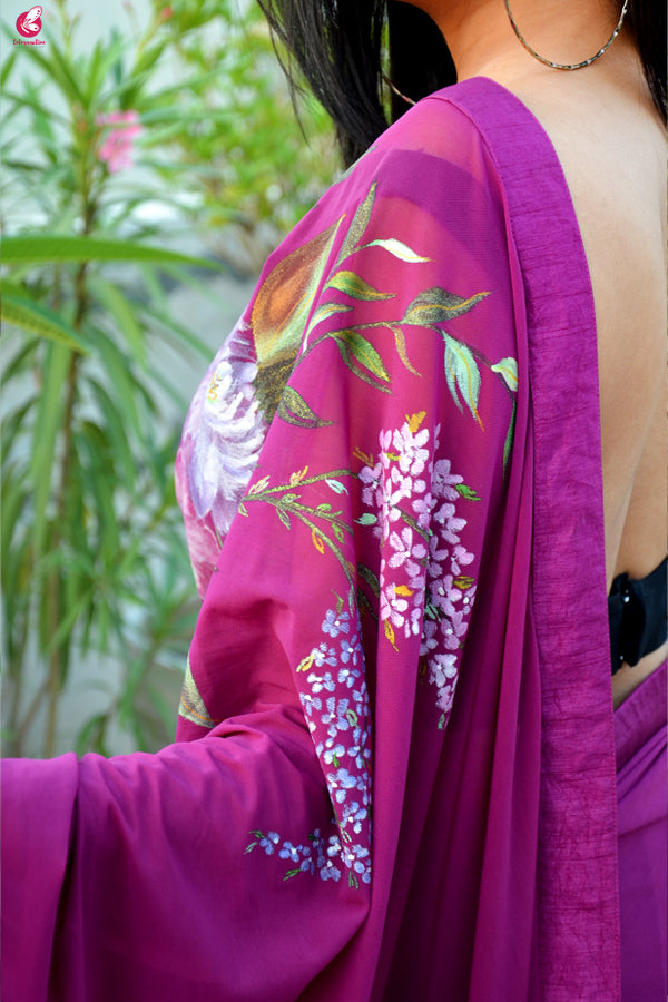 Grape Purple Hand painted Lycra Net Saree