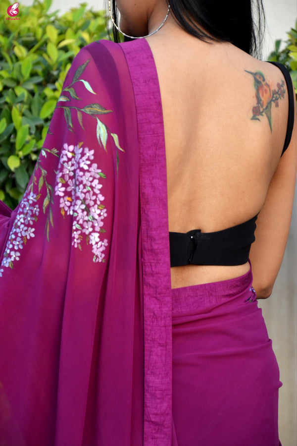 Grape Purple Hand painted Lycra Net Saree