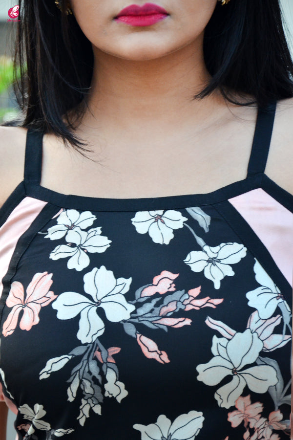 Black Printed Strappy Crepe Straight Kurti with Black Lakhnawi Palazzo Kurti Set