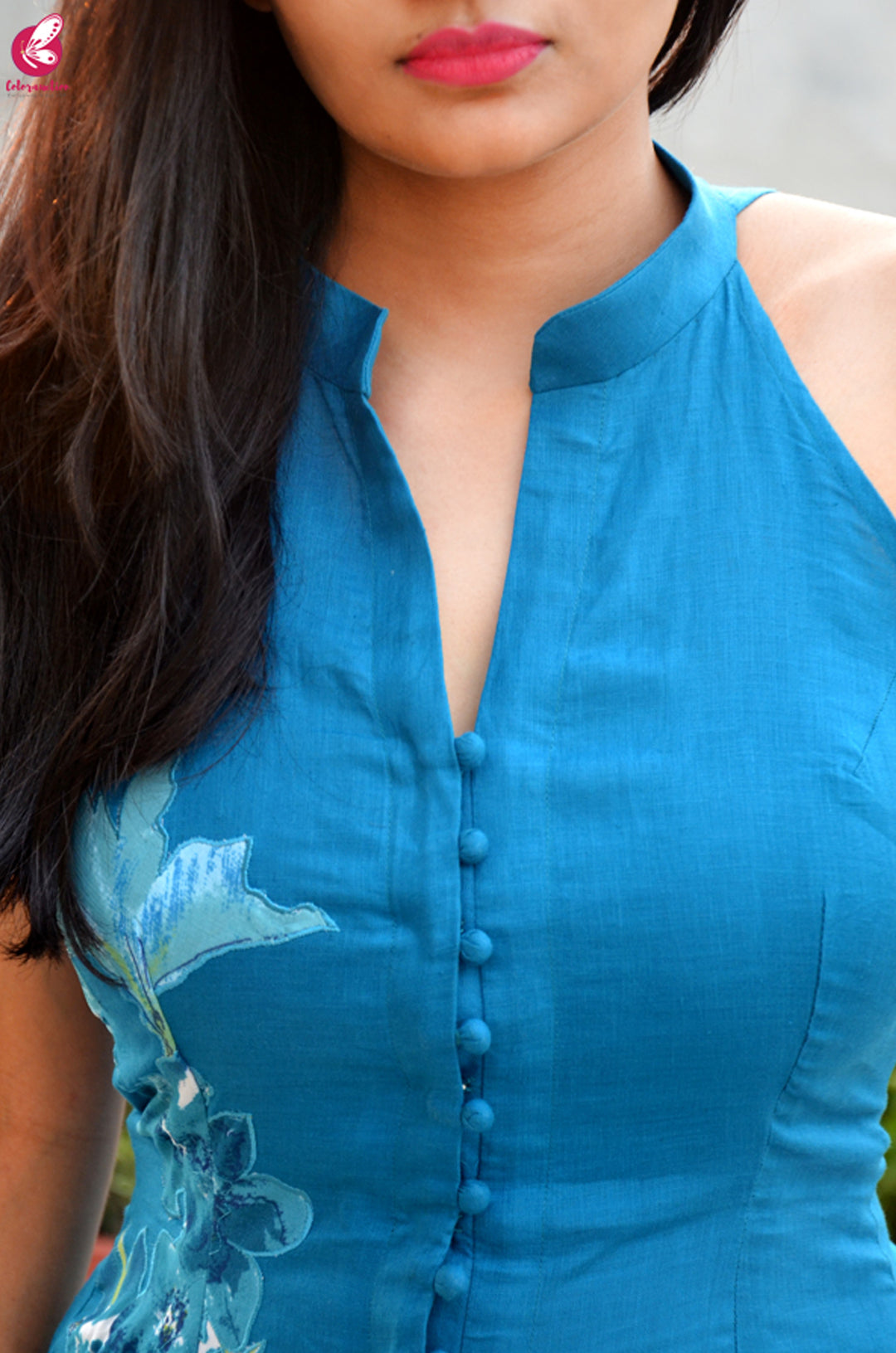 Sky Blue Pure Linen Patch Work Kurti