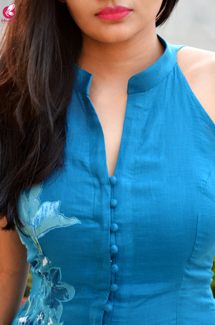Sky Blue Pure Linen Patch Work Kurti