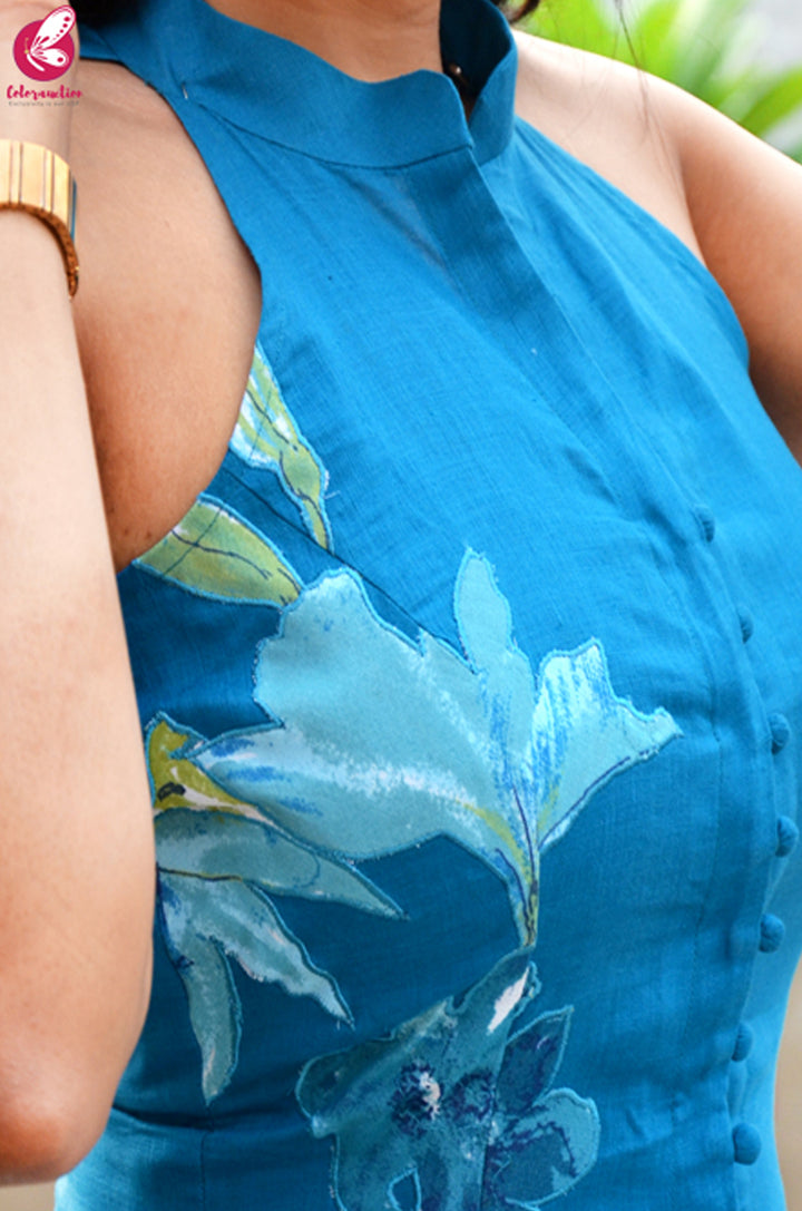 Sky Blue Pure Linen Patch Work Kurti