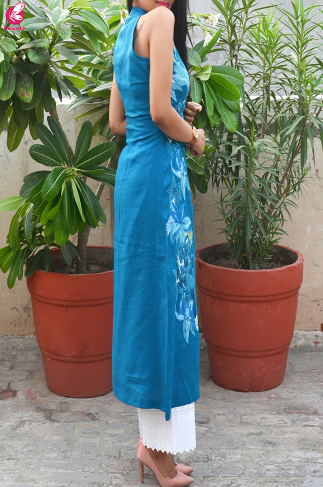 Sky Blue Pure Linen Patch Work Kurti