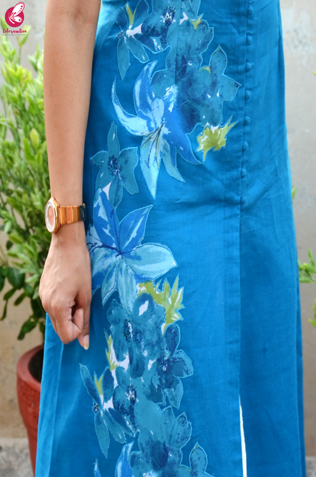 Sky Blue Pure Linen Patch Work Kurti