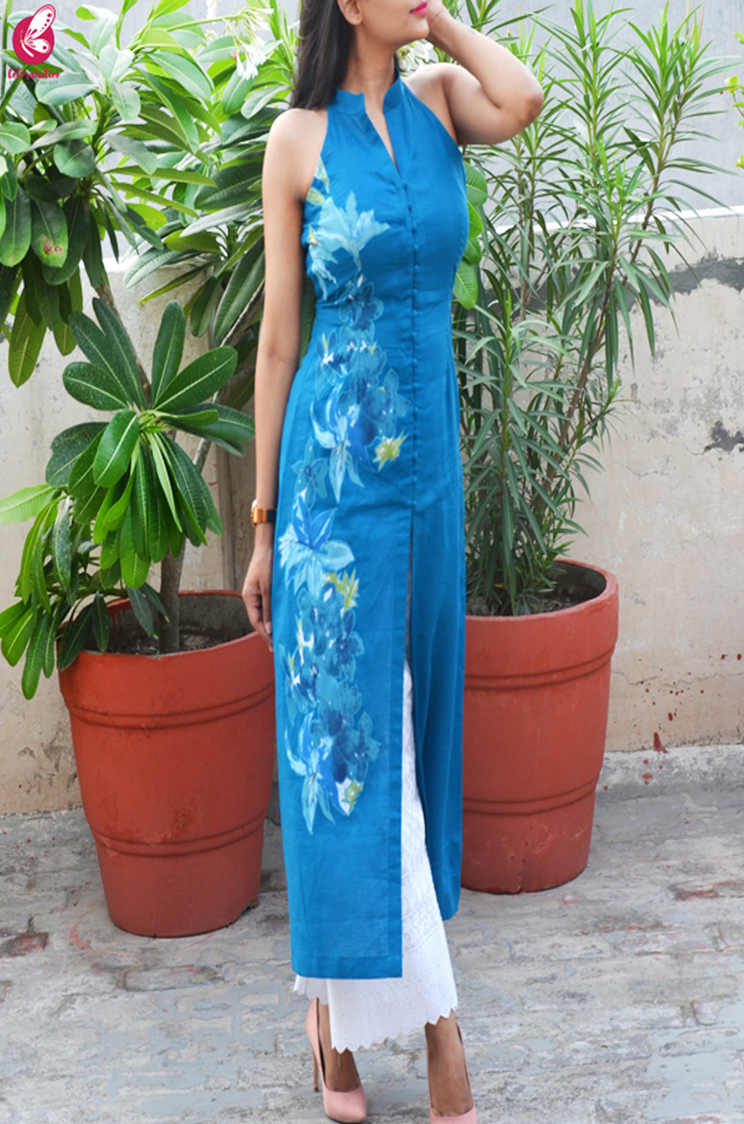 Sky Blue Pure Linen Patch Work Kurti