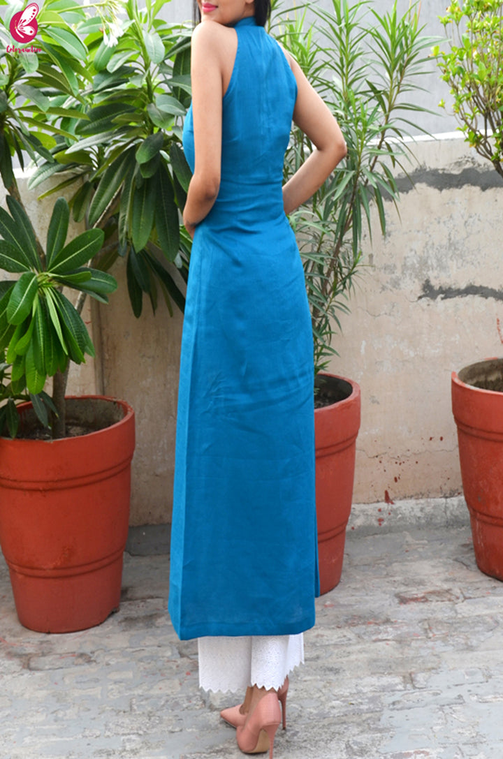 Sky Blue Pure Linen Patch Work Kurti