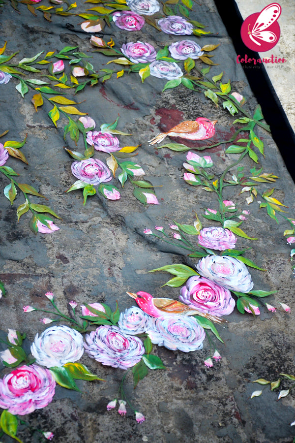 Black Organza Handpainted Colourful Floral Stole